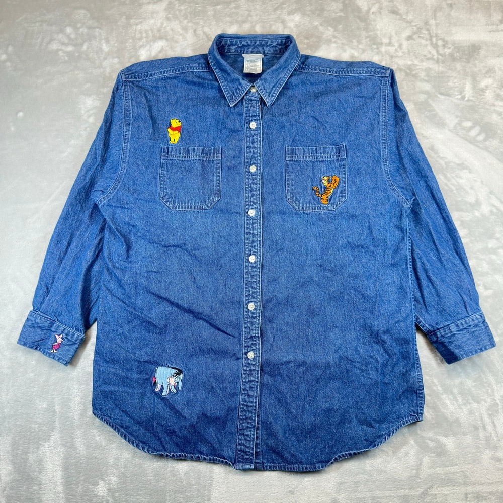 VTG The Disney Store Denim Shirt L Blue Winnie The Pooh Embroidered Button Up